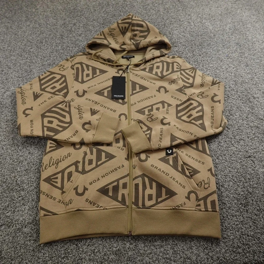 NEW True Religion Hoodie Mens L Beige‎ Horseshoe Logo Full Zip Sweatshirt Jacket